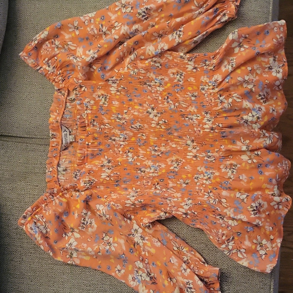 Nanette Lepore smocked peasant top, peach colored, floral